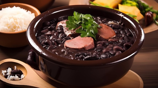 Brasilianische traditionelle Feijoada mit schwarzen Bohnen, Schweinefleisch, Reis, Maniok und orangefarbener Draufsicht über Holztisch generative ai