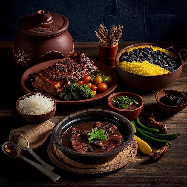 Brasilianischer kulinarischer Wandteppich rustikaler Feijoada inmitten erdlicher Eleganz