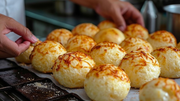 Brasilianisches Käsebrot Pao de Queijo auf einer Pfanne