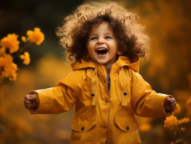 Brasilianisches Kind in verspielter emotionaler dynamischer Pose auf herbstlichem Hintergrund