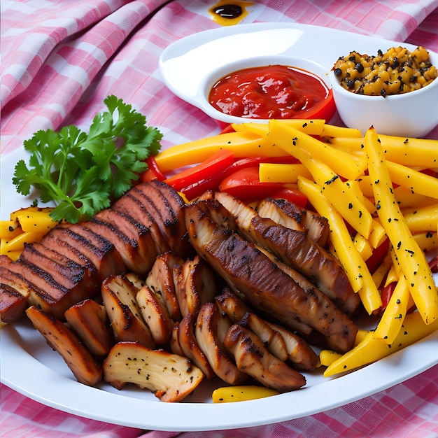 Brasilianisches köstliches Gericht, gebratenes Fleisch mit Sauce, Gemüse, Reis und Pommes Frites.