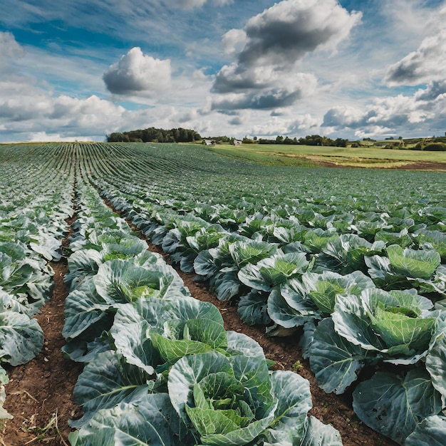 Brassicas abundantes Un campo que florece con repollo