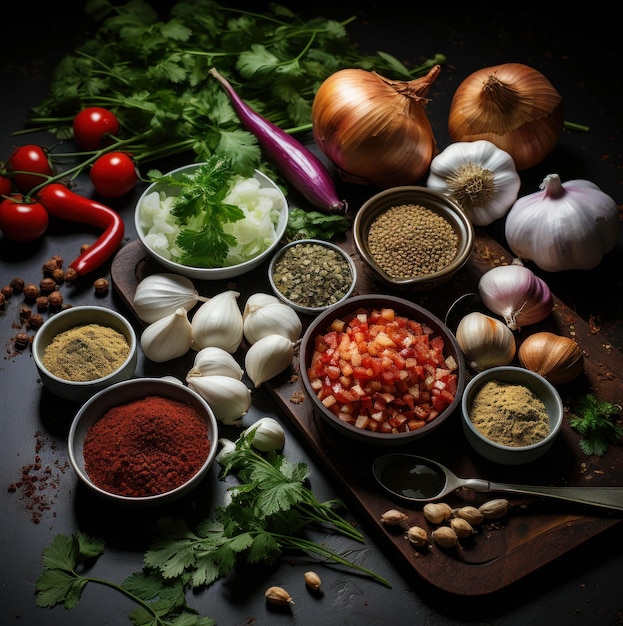 Braten Sie Zwiebeln, Pfeffer, Knoblauch und Ketchup auf einem alten grünen Brett auf minimalistischem Hintergrund