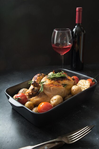 Brathähnchen mit Kartoffeln Glas Wein auf schwarzem Tisch im Innenraum Romantisches Abendessen Bachelor's Dinner