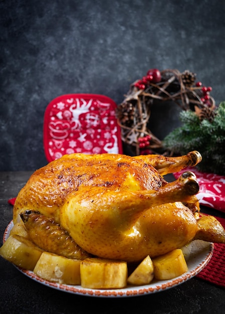 Brathähnchen und Kartoffel mit Weihnachtsdekoration Traditionelles Essen für Weihnachten oder Erntedankfest