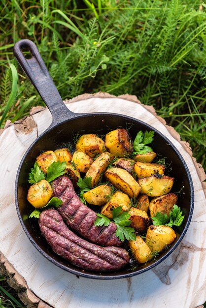 Bratkartoffeln mit Fleischwürsten in einer gusseisernen Pfanne