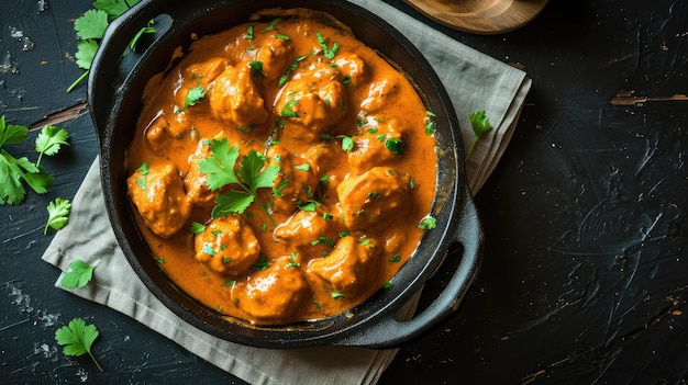 Bratpfanne mit köstlichem Hühner-Tikka-Masala auf der Serviette