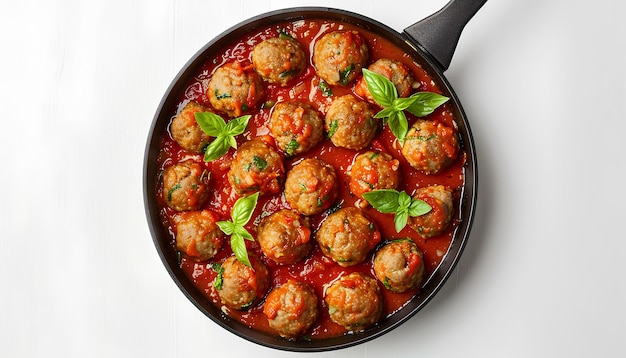 Bratpfanne mit leckeren Fleischkugeln mit Tomatensauce und Basilikum auf weißem Hintergrund