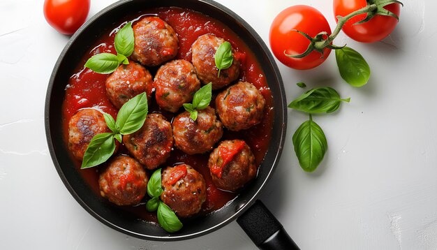 Bratpfanne mit leckeren Fleischkugeln mit Tomatensauce und Basilikum auf weißem Hintergrund