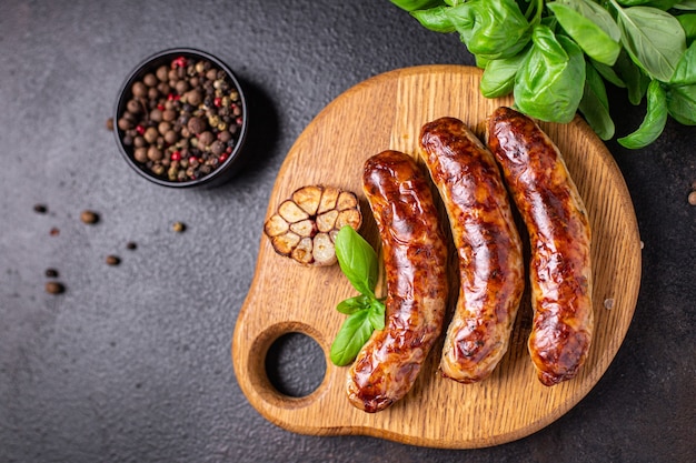 Bratwürste frisches Schweinefleisch Rind oder Lamm frische Portion verzehrfertige Mahlzeit Snack auf dem Tisch