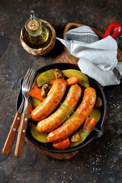 Bratwürste mit Kartoffeln, Pilzen und Zwiebeln in einer Pfanne