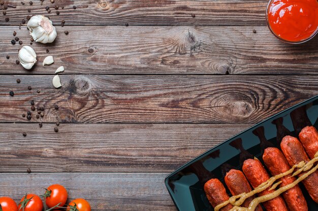 Bratwurst in schwarzer Platte auf Holztisch. Draufsicht mit leerem Platz für Text, Logo usw.