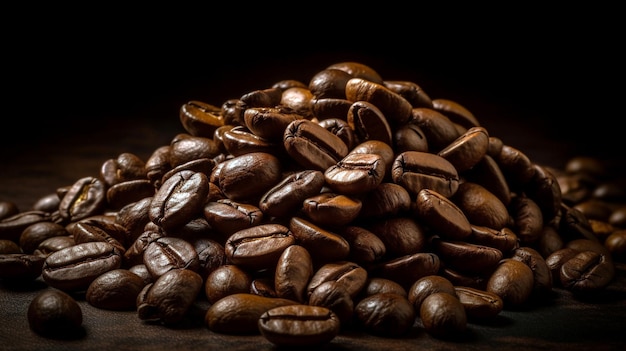 Braun geröstete Kaffeebohnensamen auf dunklem Hintergrund Espresso dunkles Aroma schwarzes Koffeingetränk