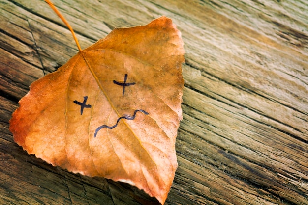 Braun getrocknetes Blatt mit einem Bild eines traurigen Gesichts auf dem alten Holzhintergrund mit Rissen