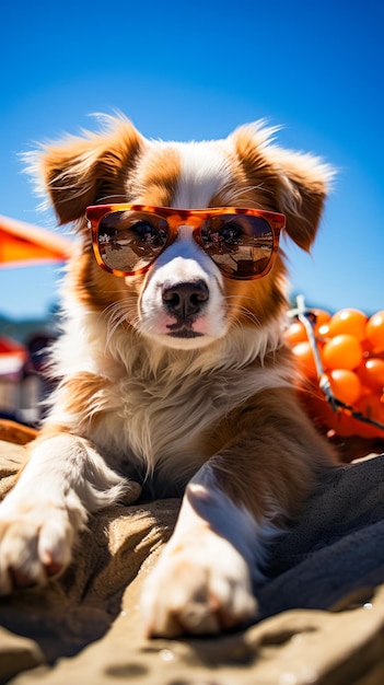 Braun-weißer Hund mit Sonnenbrille auf dem Strand. Generative KI