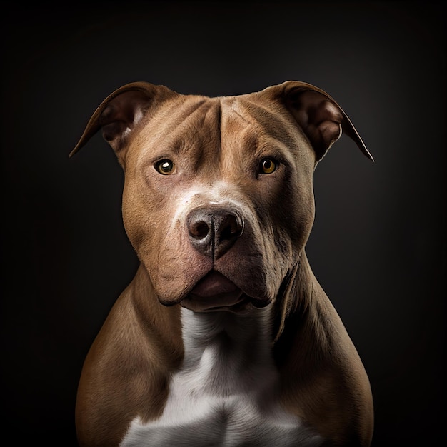 Foto braun-weißer pitbull muskulöser hund isoliert auf dunklem hintergrund generative ai