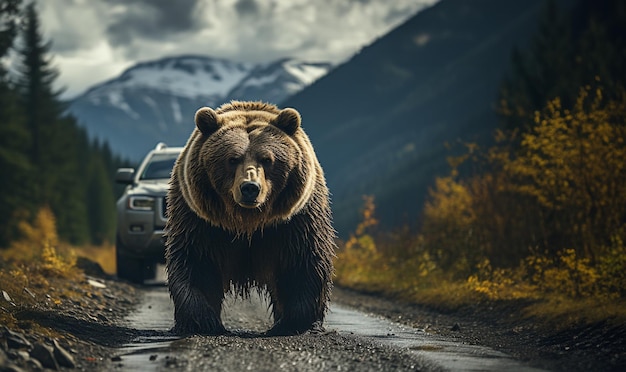 Braunbär vor einem Auto, das die Straße überquertWilder Grizzlybär gerät auf einem Berg in den Verkehr