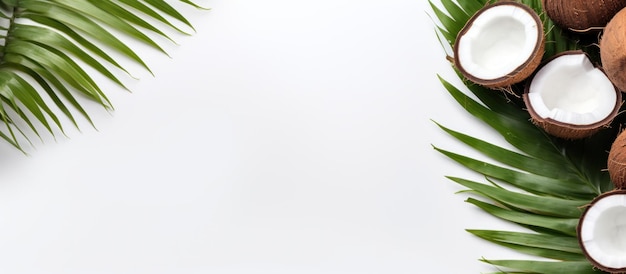 Braune ganze Kokosnusshälfte und grünes Blatt Kopierraum weißer Hintergrund KI generiert