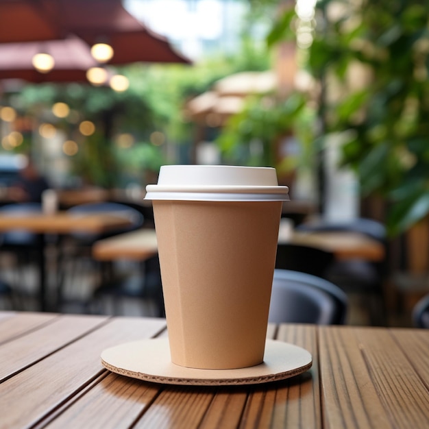 Braune Kaffeetasse aus Papier auf einem Holztisch mit unscharfem Hintergrund des Cafés hyperrealistisch