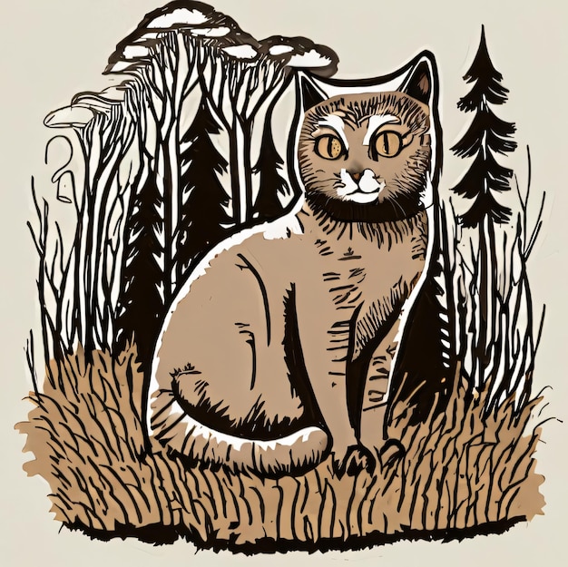 Braune Katze auf einer Waldwiese, minimale Tintenkritzelkunst