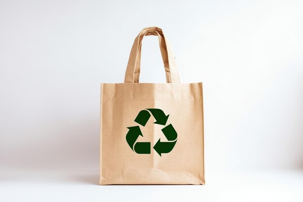Braune Öko-Tasche mit Recycling-Symbol auf weißem Hintergrund