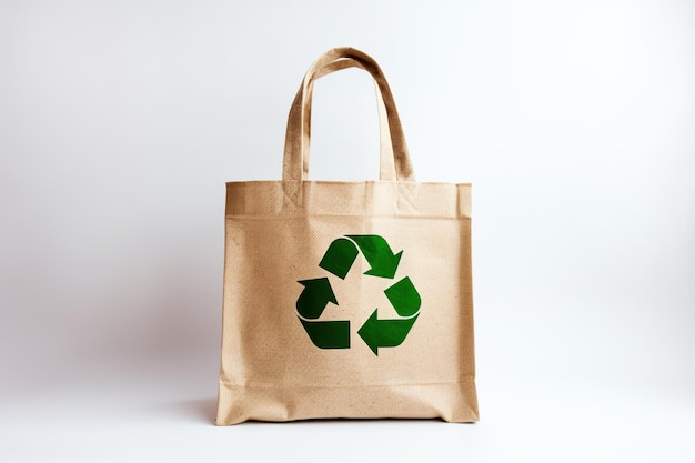 Braune Öko-Tasche mit Recycling-Symbol auf weißem Hintergrund