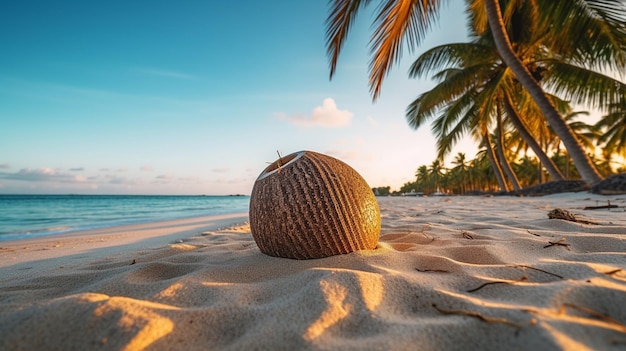 Braune Kokosnuss am Sandstrand Tropischer Strand Weltkokosnusstag