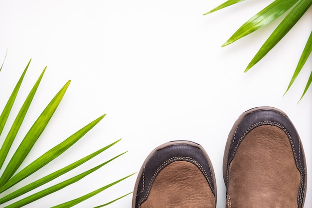 Braune lederne Schuhe der Männer schließen oben mit grüner BlattPalme