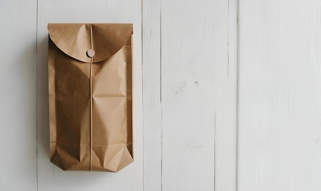 Foto braune papiertüte auf einem weißen holztisch mit kopierplatz