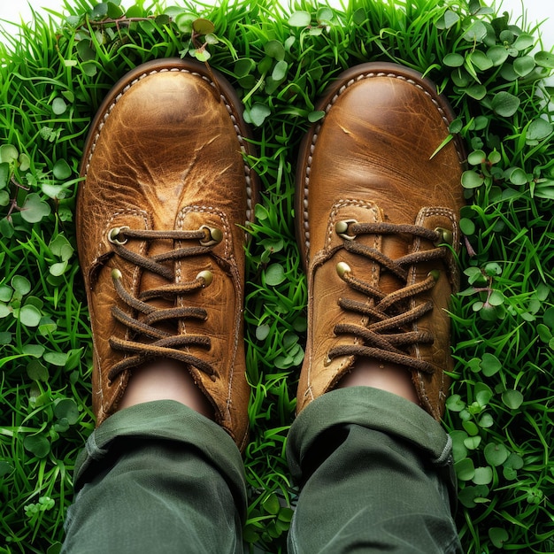 Braune Schuhe auf einem üppig grünen Feld