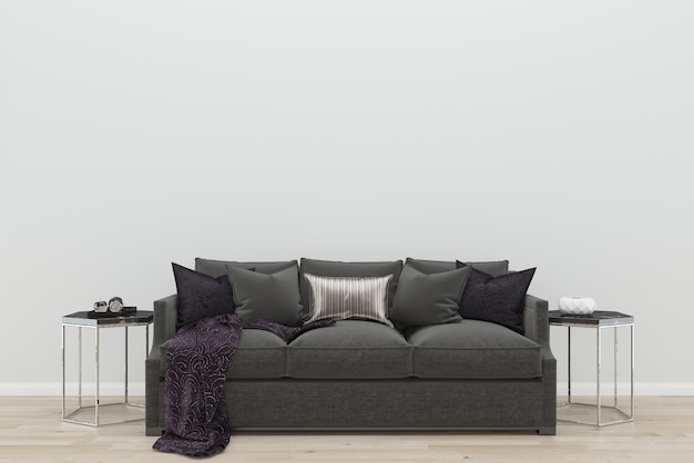 braune Sofa weiße Wand alte Holzboden schwarz Beistelltisch Hintergrund Textur Vorlage