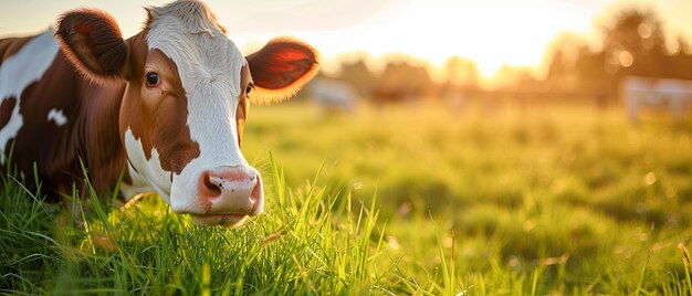 Braune und weiße Kuh stehen auf einem üppig grünen Feld