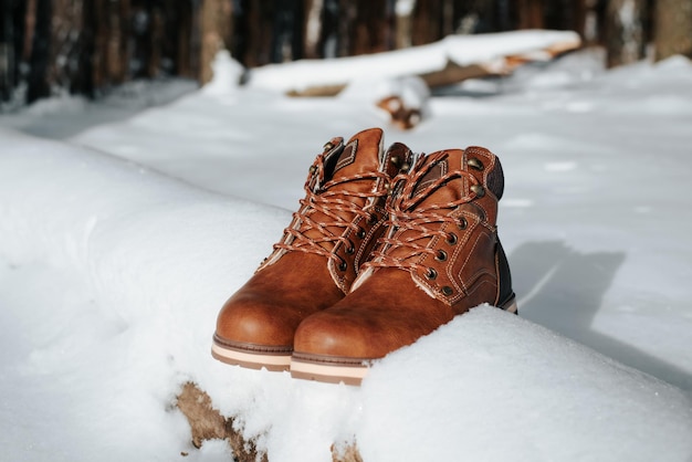 Braune Winterstiefel aus Leder, die an einem sonnigen Wintertag im Freien auf einem Baumstamm im verschneiten Wald stehen. Wander- und Reiseschuhe. Kleidungsstück, keine Personen