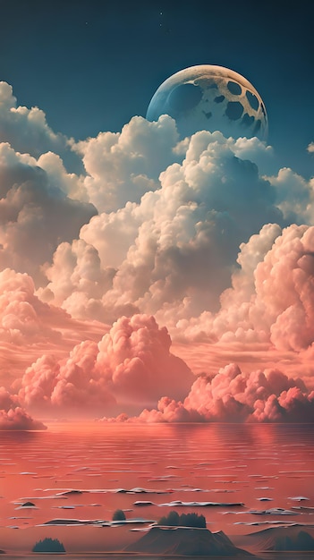 Foto braune wolkenhimmellandschaft im digitalen kunststil mit mondwandpapier