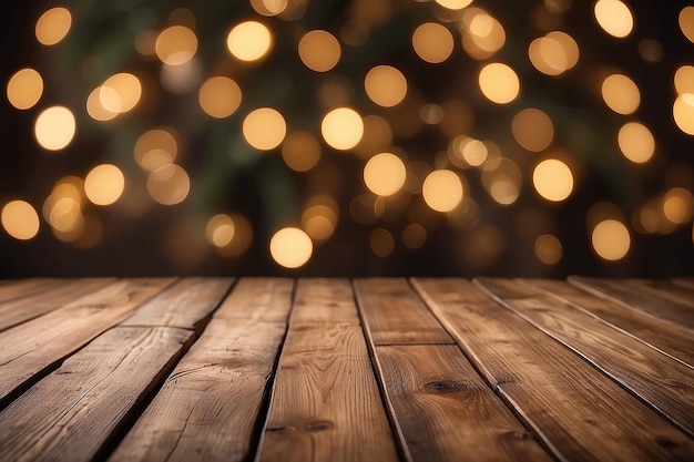 Brauner alter Holzboden auf Weihnachts-Bokeh-Hintergrund