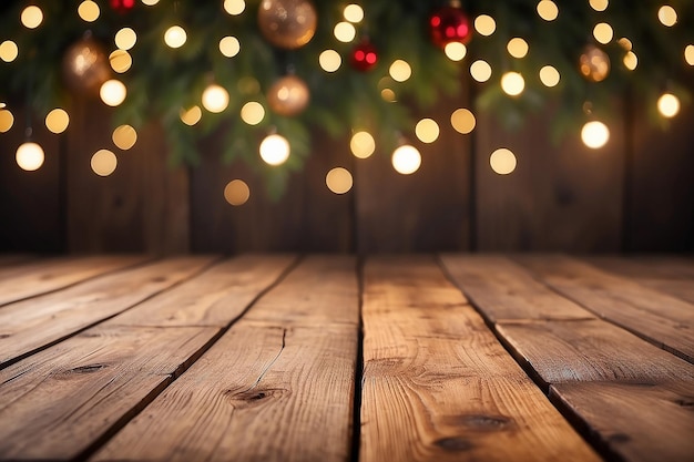 Brauner alter Holzboden auf Weihnachts-Bokeh-Hintergrund