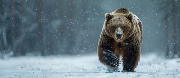 Brauner Bär geht durch einen schneebedeckten Wald