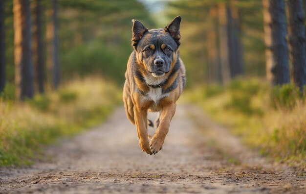 Foto brauner hund läuft auf einer schotterstraße