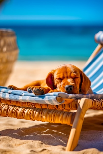 Brauner Hund liegt auf einem Strandstuhl neben dem Ozean Generative KI
