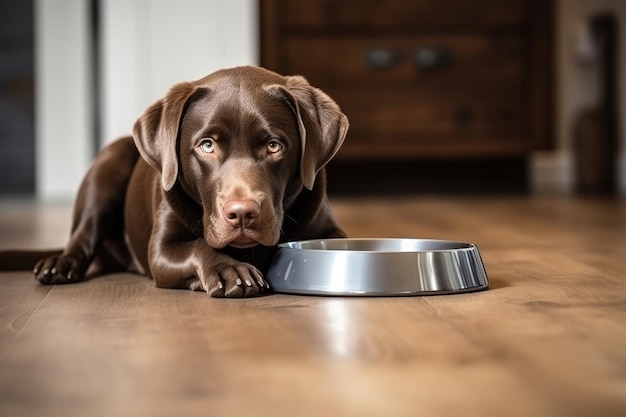 Brauner Labrador isst Essen im Wohnzimmer