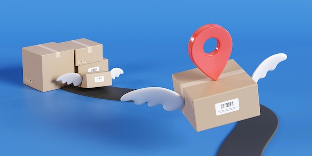 Brauner Paketkarton fliegt Online-Lieferservice oder Versand und globales Logistikkonzept schnelle und schnelle Frachtsendung 3D-Rendering