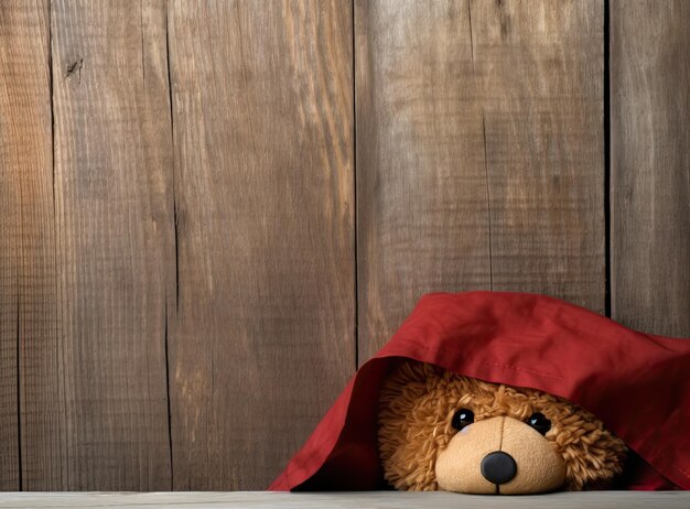 Brauner süßer Teddybär schlich sich isoliert auf weißem Hintergrund hinter die alte Holztür. Kopierraum für