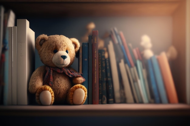 Brauner Teddybär sitzt auf Bücherregal neben Bücherstapel Generative KI