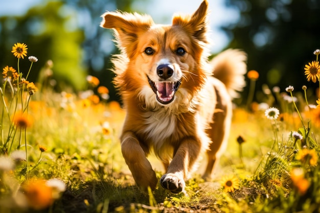 Brauner und weißer Hund läuft durch ein Grasfeld. Generative KI