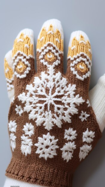 Brauner und weißer Strickhandschuh mit Schneeflocken