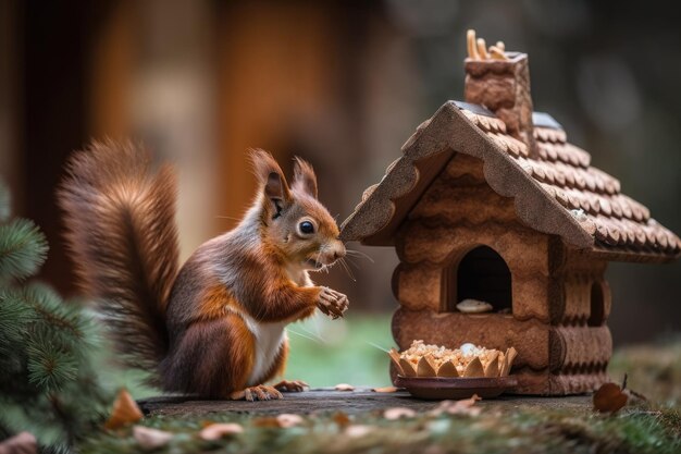 Braunes Eichhörnchen, das auf einem Haus sitzt und einen Kegel isst