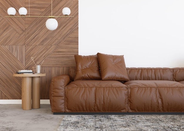 Braunes Ledersofa in zeitgenössischem Interieur Moderne, stilvolle, hochwertige Ledermöbel Naturmaterial 3D-Rendering