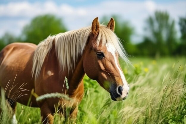 Braunes Pferd mit blonden Haaren isst Gras auf einer grünen Wiese