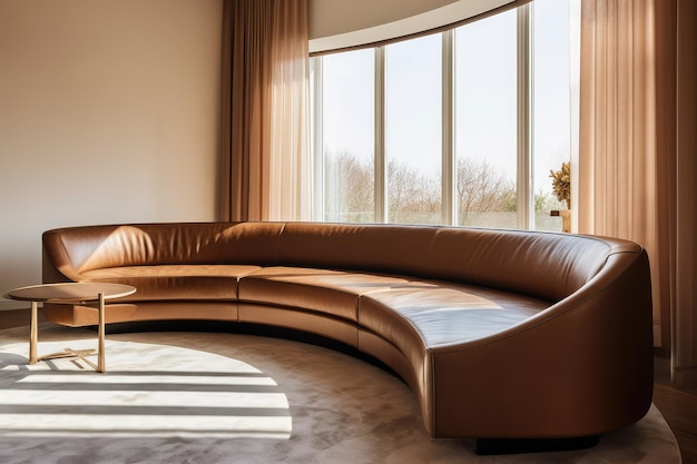 Braunes Sofa auf einer gekrümmten Wand in einer zeitgenössischen leichten KI