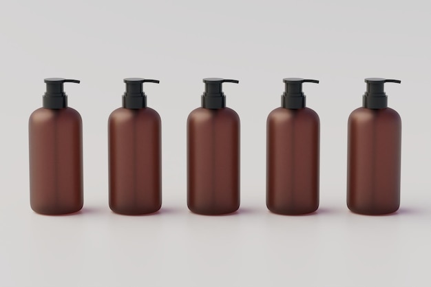 Braunglaspumpe Mehrere Flaschen MockUp Flüssigseife Shampoospender 3D-Illustration